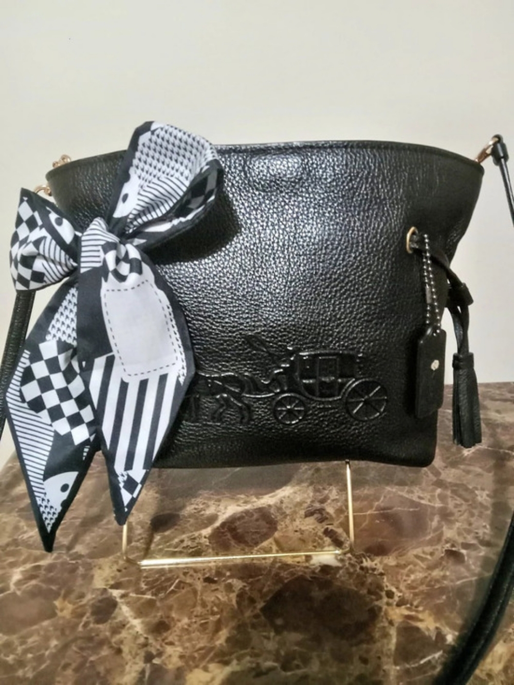 Coach Andy Crossbody with Embossed Horse and Carriage Black & White Scarf